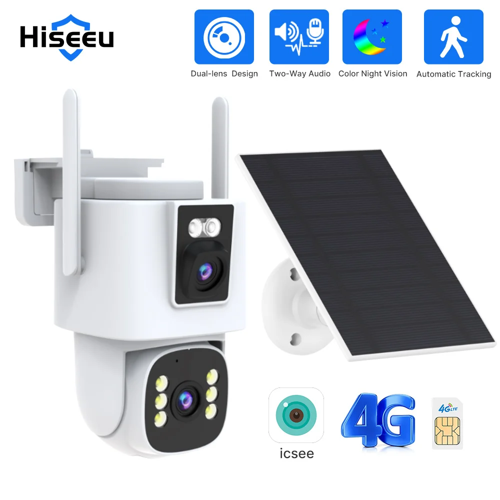 

Hiseeu 4MP Dual Lens 4G Camera Solar PIR Human Detection Night Vision Waterproof Security IP CCTV outdoor camera ICSE App