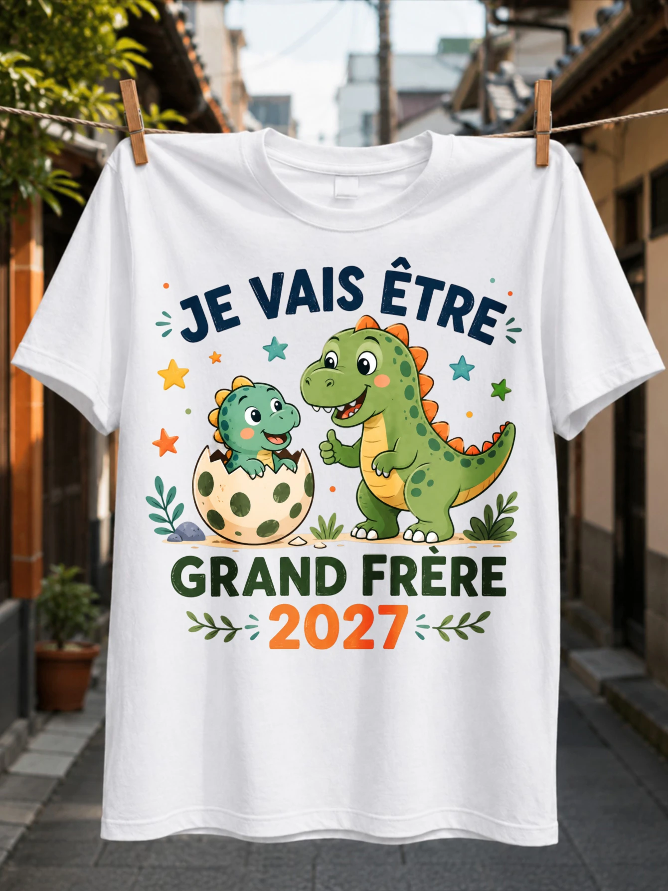 T-shirt unisexe avec l'inscription « JE VAIS ÊTRE GRAND FRÈRE 2027 » en vert vif avec dinosaures et œuf de dinosaure