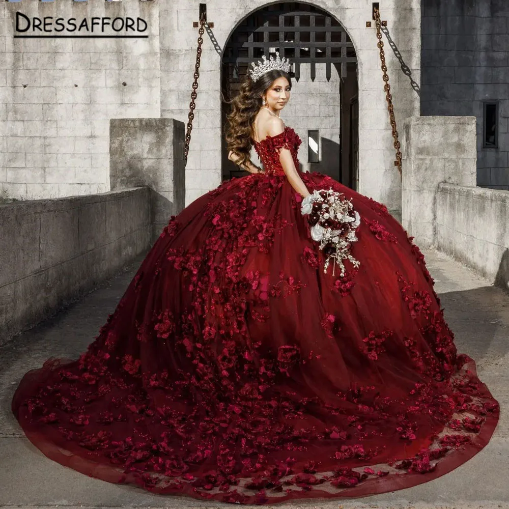 Red Handmade Flowers Ball Gown Quinceanera Dresses Off The Shoulder Appliques Lace Vestido De 15 Anos Sweet 16