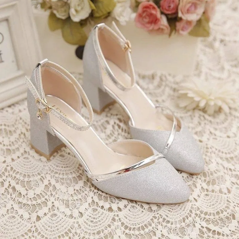Women's Glitter Chunky Block Heel Pumps Ankle Strap with Rhinestone, Closed Pointed Toe Dress Shoes for Wedding Bridesmaid Party