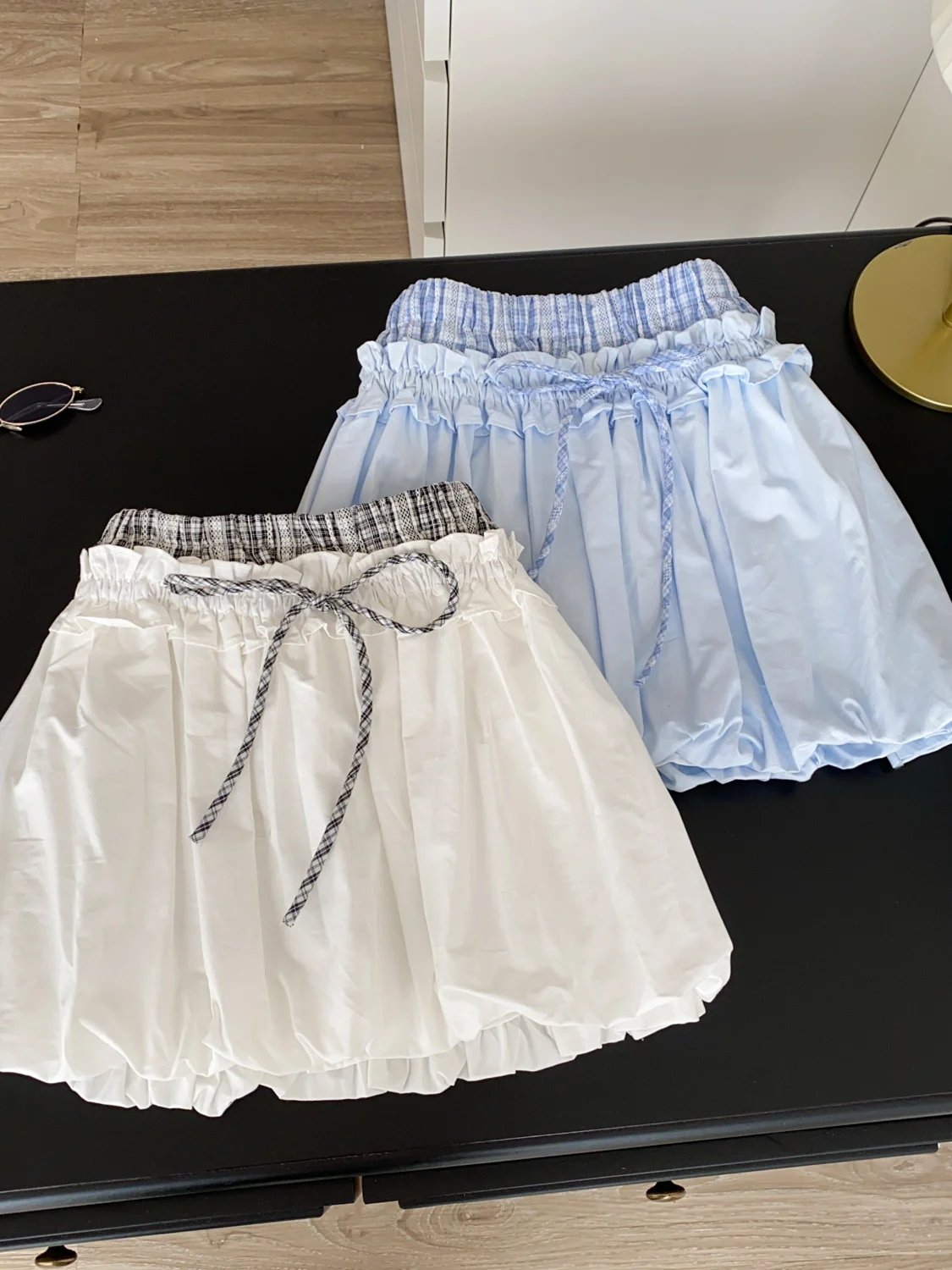 Korean Style High Waist Plaid Splicing A-Line  Skirt Women's Summer Sweet Wood Grain  Slimming Flower Bud Short Skirt...