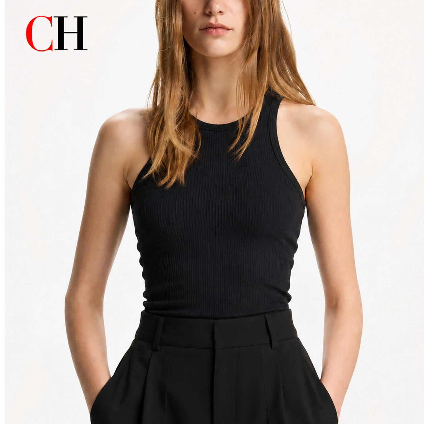 CH Women's Ribbed Tank Top Sleeveless Slim Fit Crew Neck Stretch Crop Vest Summer Casual Basic Top Streetwear