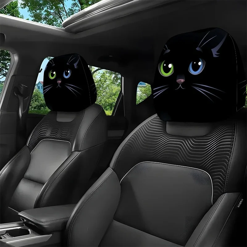 Housses de siège de voiture motif chat noir mignon, 2 pièces, yeux hétérochromatiques, décoration artistique, housses d'appui-tête, cadeau idéal pour les fêtes