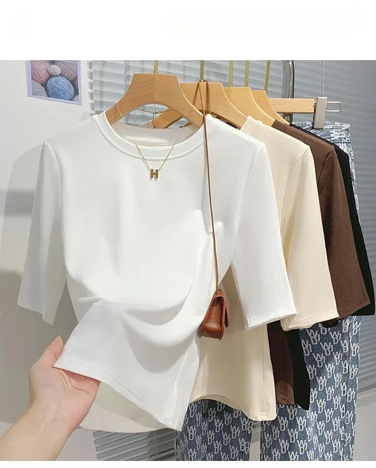 zjaiss 2026 Frühling Herbst Baumwolle Damen T-Shirt Modisches Basic Rundhals-Shirt Einfarbiges Damen Kurzarm-Oberteil – Detail 3