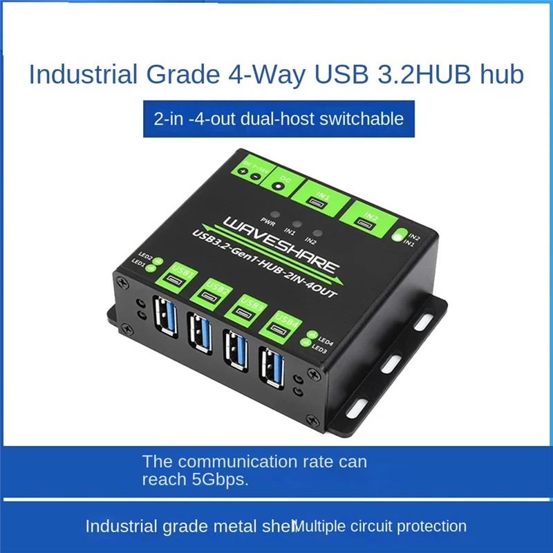ABKI-Waveshare 산업용 4방향 USB3.2 Gen 1 허브 2IN-4OUT 듀얼 호스트 공유 무작위 스위칭 다중 보호 회로 5Gbps