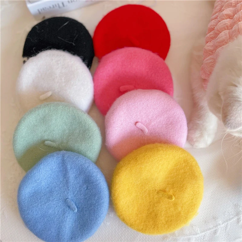 Ins Style Solid Color Pet Headgear Painter Wool Hat Dog Cat Beret Hat Mini Decorative Photo Headgear