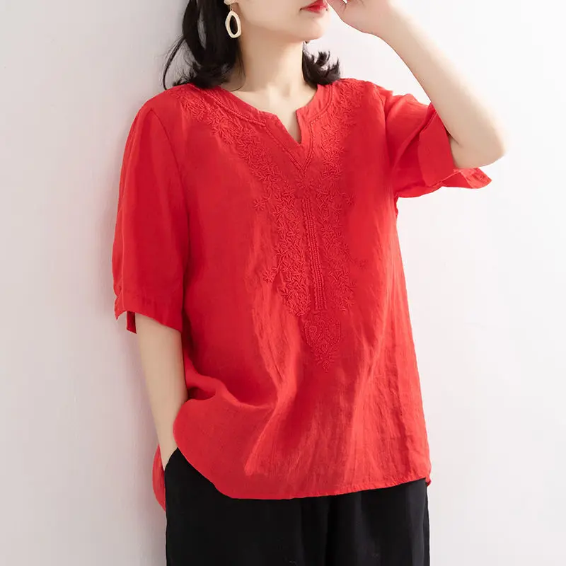 Women's Clothing Cotton Linen Shirt Summer New V-Neck Loose Fit Embroidered Short Sleeve Boho Chic Casual Trendy Top