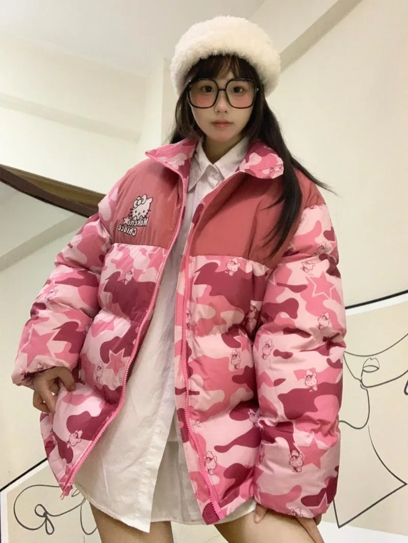 

Hello Kitty Embroidered Coat Women American Camo Warm Coat Women Winter Jacket Women Color Blocking Winter Y2k Cotton Clothes