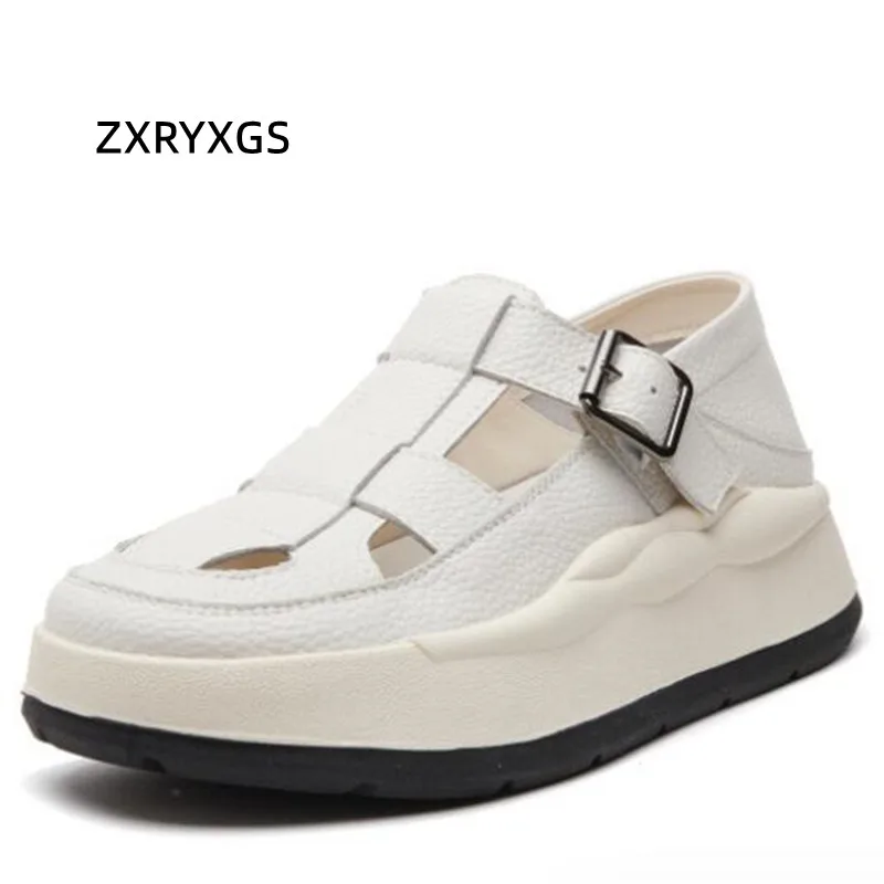 ZXRYXGS Summer Round Toe Women Shoes Roman Sandals 2024 New Fashion Hollow Genuine Leather Thick Sole Elevated Sandals Tide