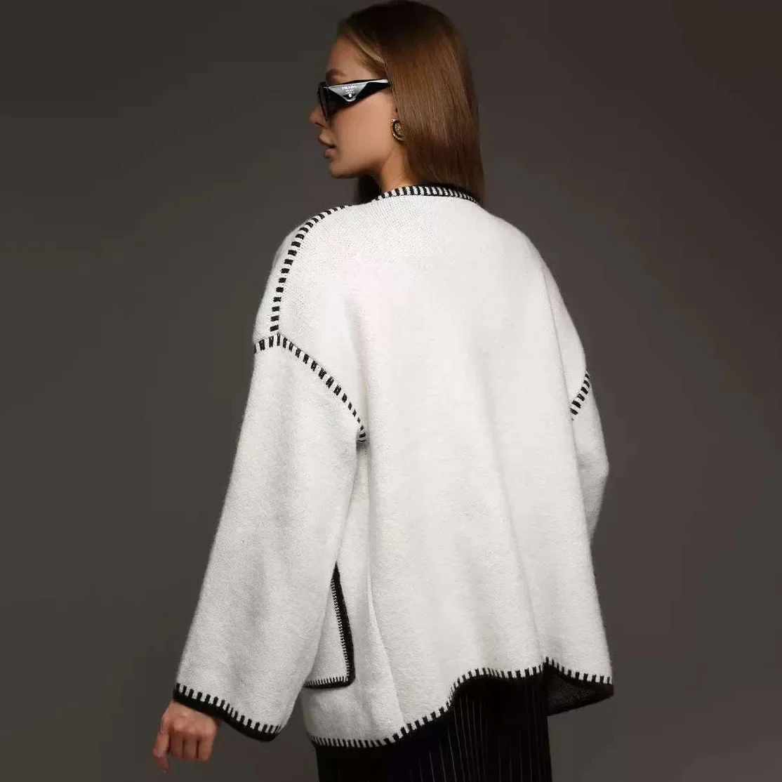 Primavera 2025 nuevo estilo bloque de Color cuello en V sin mangas con cinturón estilo británico elegante suéter para ir al trabajo cárdigan de punto largo suelto