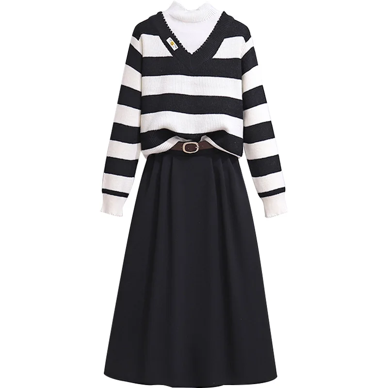 

Autumn Winter Casual Two-piece Set For Women 2023 Stand Collar Stripe Sweater Tops And Skirt Female S-XL Elegant Party Slim Suit