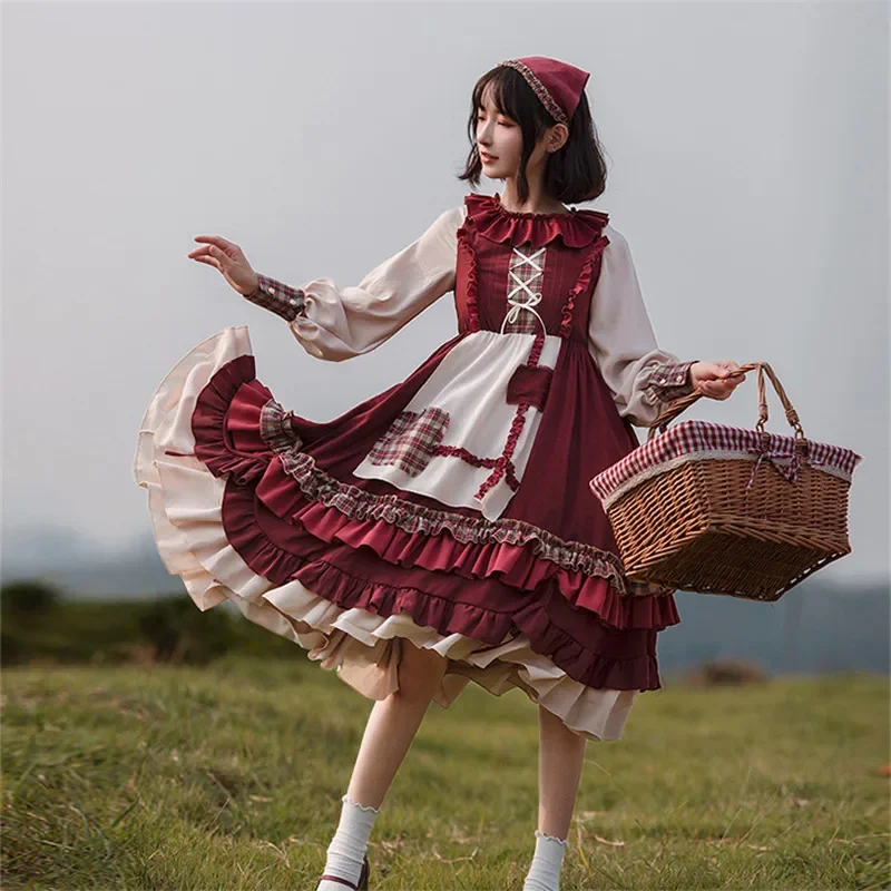 2022 HOT Sweet Girl Lolita Women Dress Vintage Patchwork Red Dress with Cloak Cute Female Bing Cosplay Little Red Riding Hood