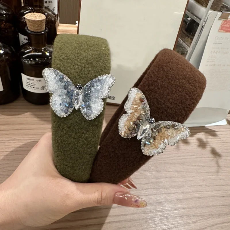Korean Plush Headband Autumn Winter Wide Hair Hoop Sparkling Diamond Butterfly Hairbands Daily Party Hair Accessories Headpiece