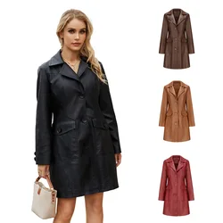 2024 Spring Autumn Women's Windbreaker Long Leather Jacket Female British Coat Women's Lapel Single Breasted Button Coats