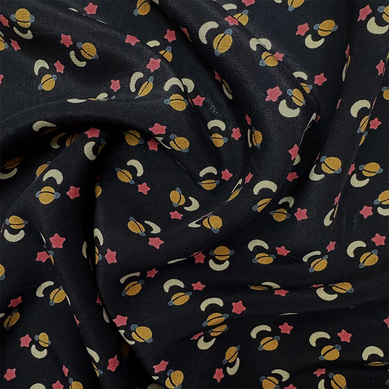1 meter 100% Mulberry Silk 14 momme Crepe Silk Fabric Black Planet Printed 140cm 55