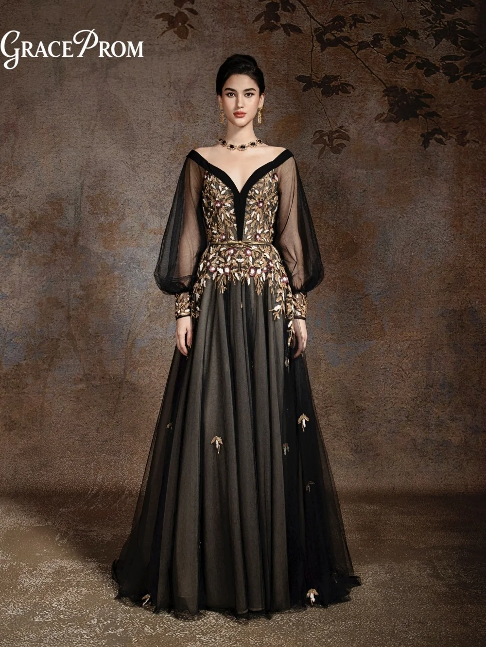 

Exquisite Dark Gold Leaf Sheer Blouson Sleeve Black Tulle Floor Sweep Party Dress Evening Gown For Wedding Guests فساتين سهرة