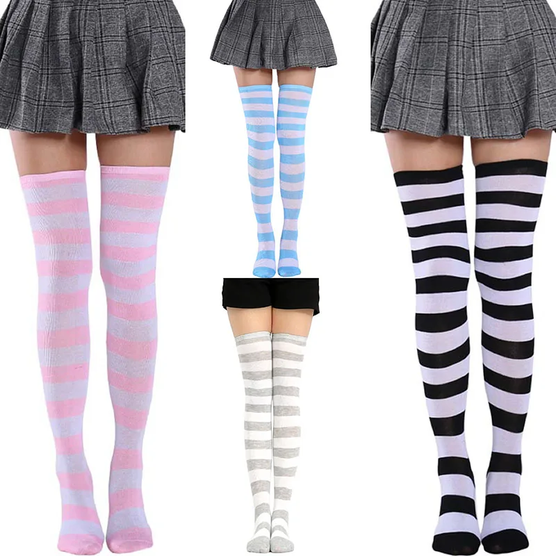

1Pair Women Lolita Over Knee Socks Striped Thigh High Stockings Anime Cute Christmas Cosplay JK Long Stocking Daily Wearing
