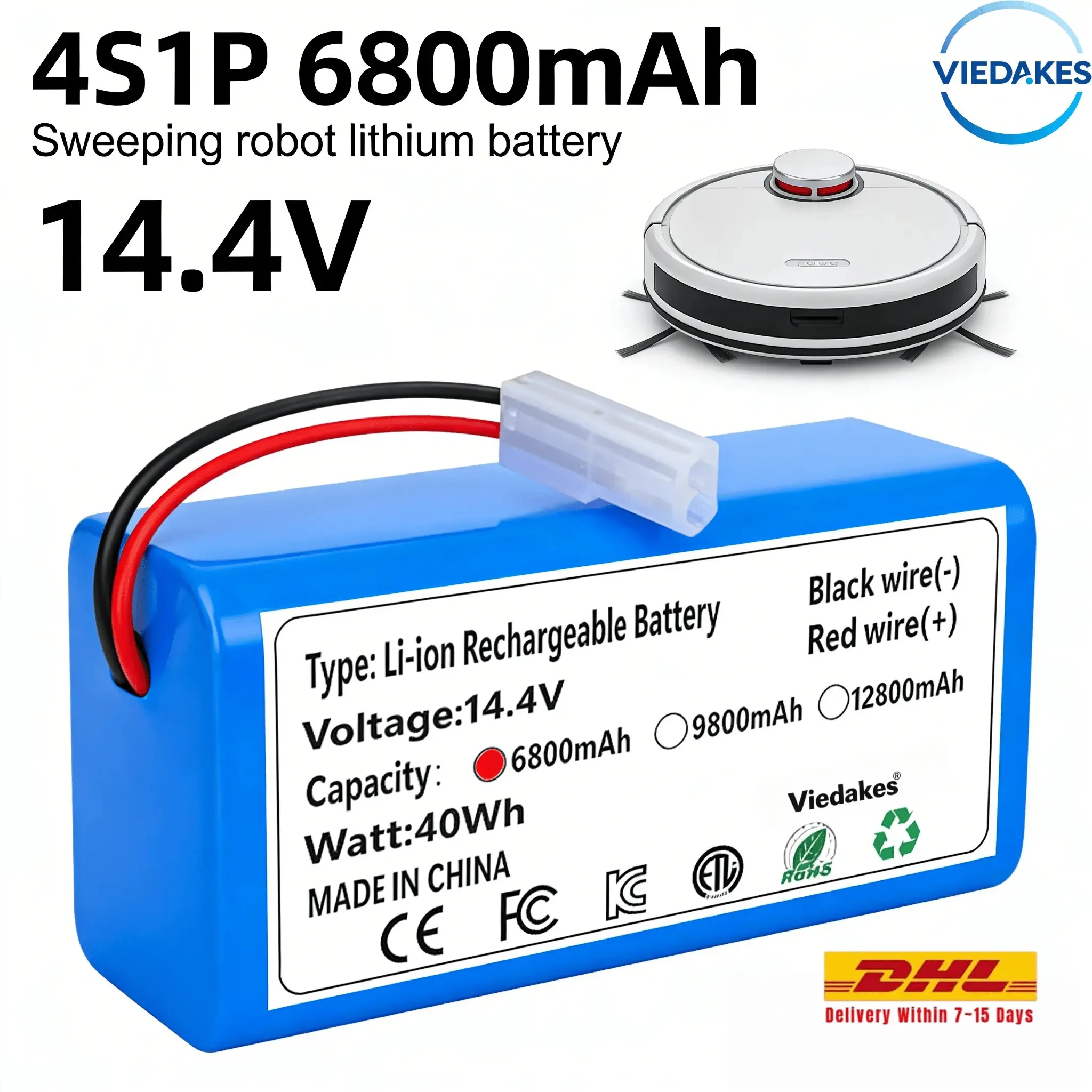 

14.4V Li-ion Battery Pack for Xiaomi Mijia Essential G1 MJSTG1 Robot Vacuum Cleaner, SKV4136GL H18650CH R30 R35 4S1P 6800mAh