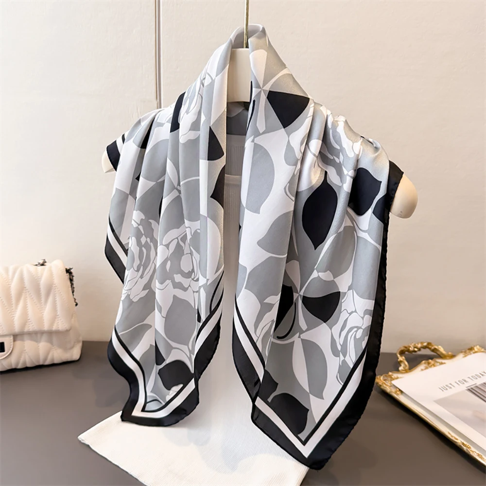 

New Women's Soft Satin Hair Scarves Fashion Square Rose Printed Headscarf 70cm Professional Accessories Designer Scarf