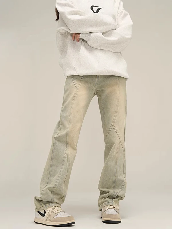 

Мужские джинсы большого размера с прямыми штанинами, винтажные, с элементами пэчворка, расклешенные, повседневные брюки, износостойкие, молодежный стиль