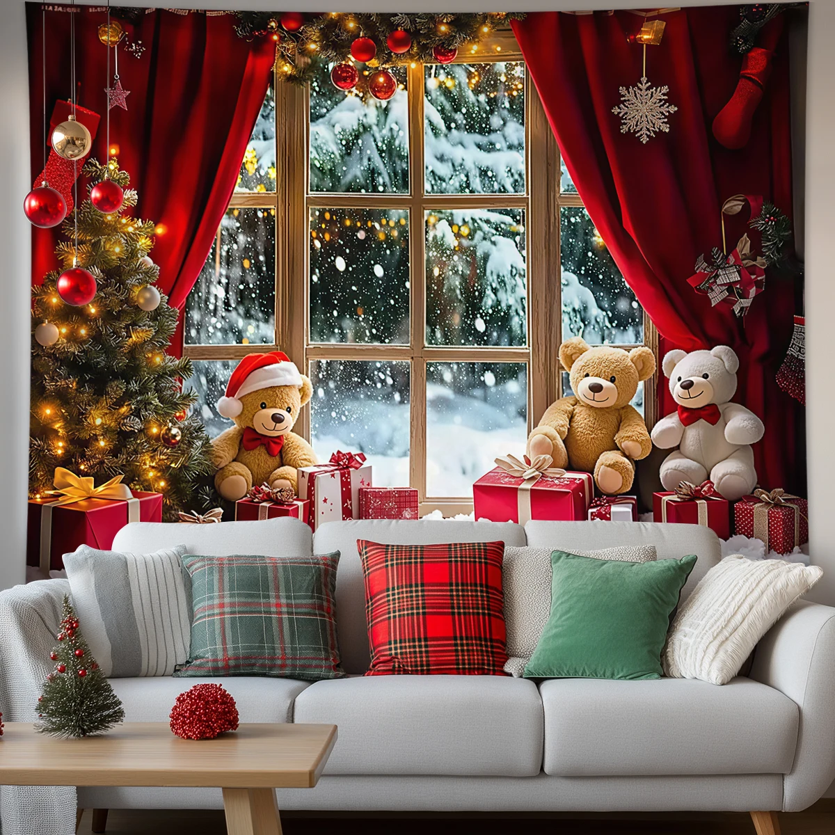 1pc Christmas and New Year photography background tapestry, Christmas tree and teddy bear pattern, beautifying home decoration,