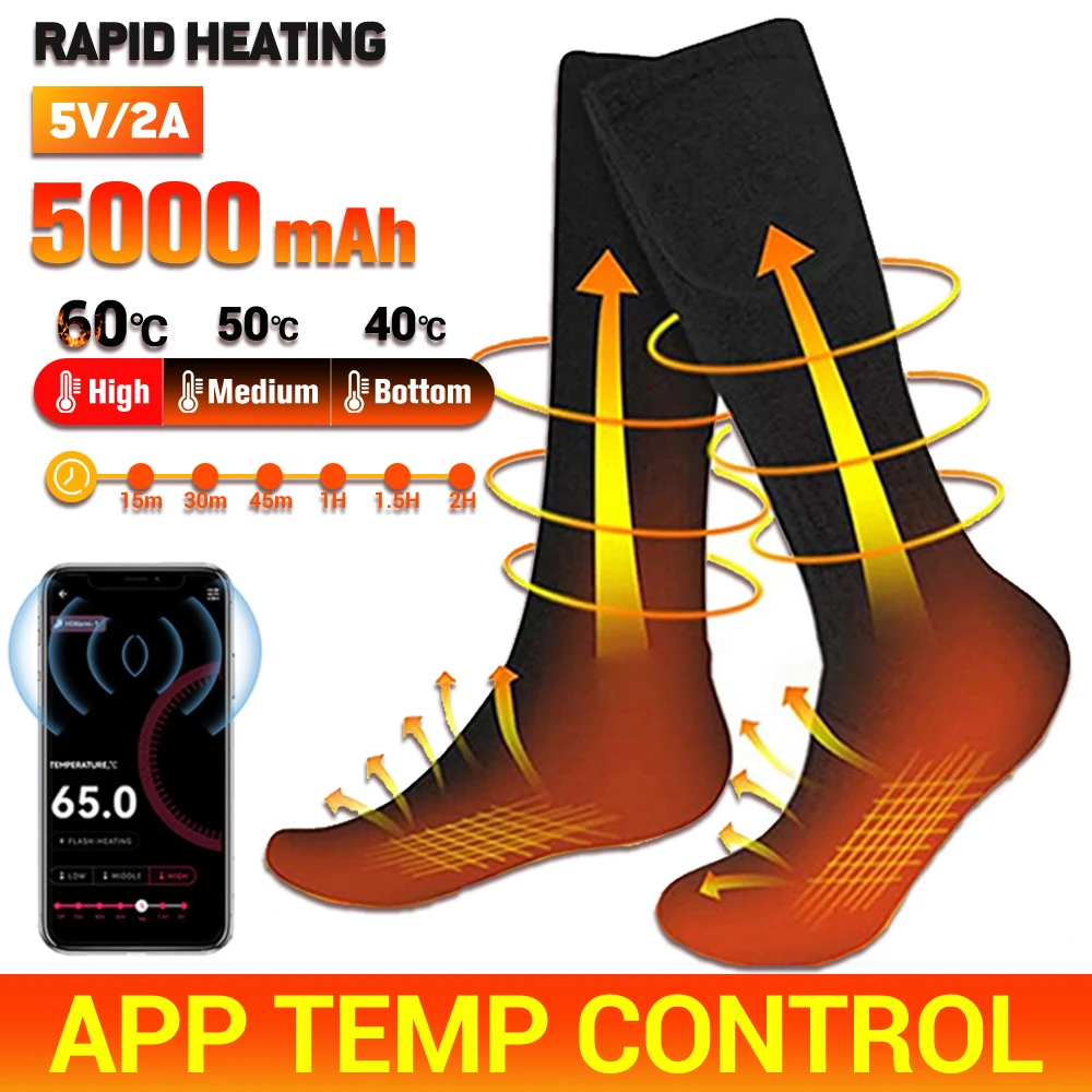 Calcetines térmicos con Control por aplicación para esquí, medias con calefacción eléctrica para invierno, calentador de pies, deportes al aire libre, 5000mAh