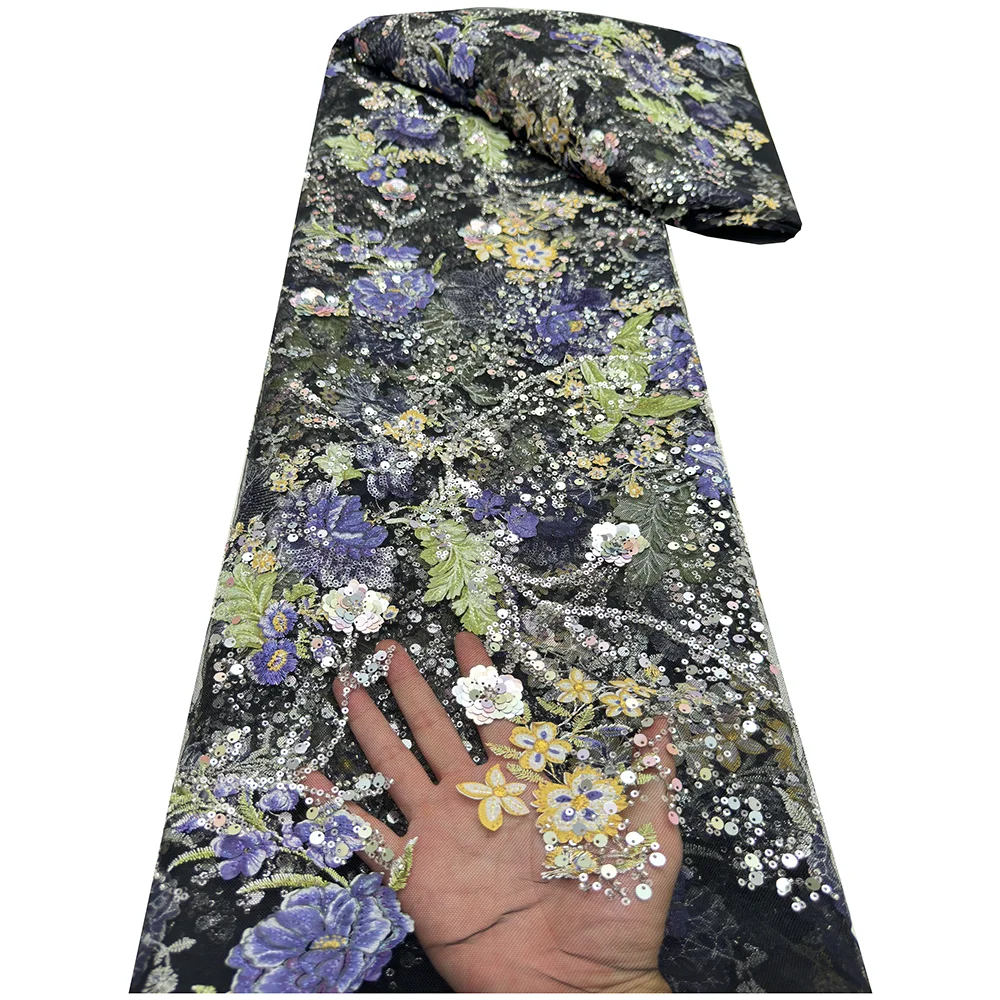 French Net Lace Fabric 2026 High Quality African Lace Embroidered Nigerian Sequins Tulle Lace 5 Yards For Sewing Party Dresses