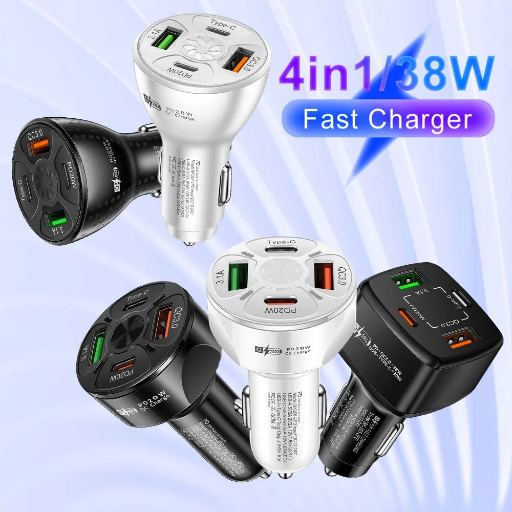 

Автомобильное зарядное устройство 38 Вт 2 USB 2PD, адаптер питания для быстрой зарядки для iPhone Xiaomi, Samsung, автомобильное зарядное устройство для телефона