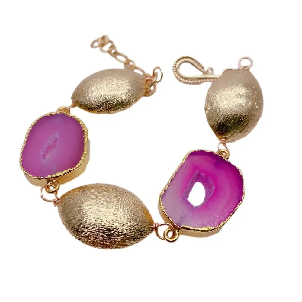 Y.YING Fuchsia Color Agate Slice Gold Plated Brushed Beaded Bracelet  Women Gift