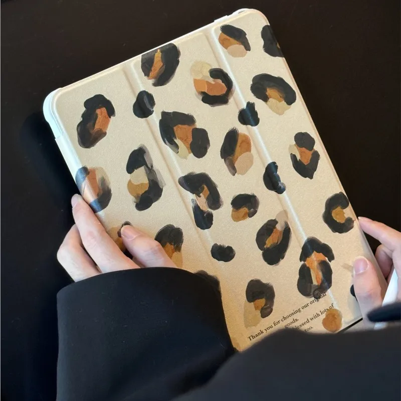 Leopard Print Mirror Tri-fold with Pencil Holder Tablet Case for iPad 10th Gen 10.9in A16 A19 2026 2025 11in Shockproof Cover
