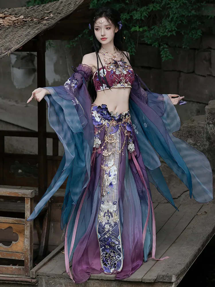 Women Ancient Chinese Style Cosplay Costume Embroidery Floral Tube Top Long Skirt Sheer Flare Sleeve Outerwear Set Oriental view 2
