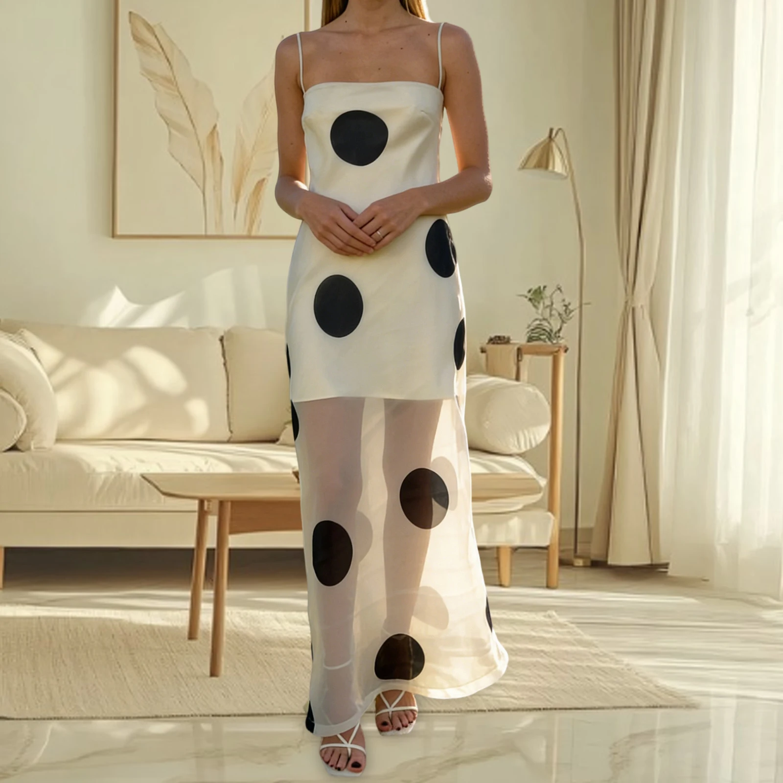 Frauen Sommer y2k Vintage Dots Print Mesh Sheer Maxi Kleid Ärmelloses Rückenfreies Spaghetti Strap Durchsichtig Club Party Cami Kleid