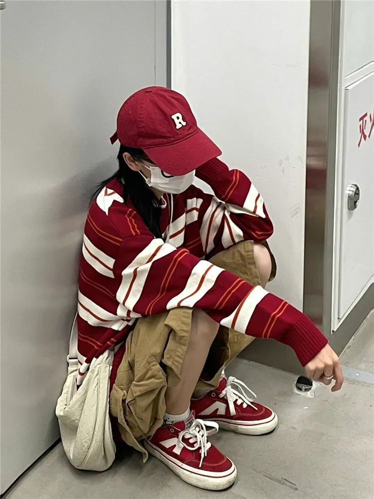 New Women Stripe Sweater Autumn Winter Loose Long Sleeve Pullover Tops Korean Ladies Knitted Patchwork Korean Sweaters