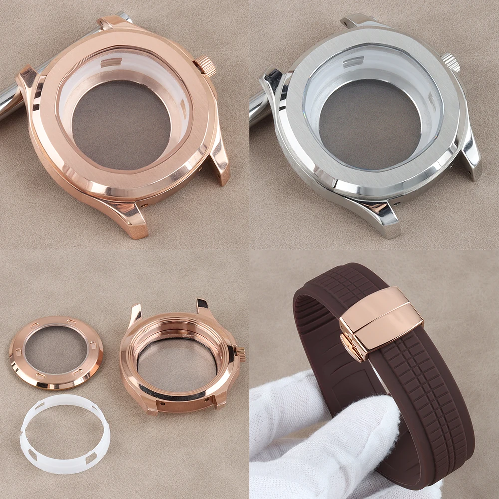 ローズゴールド-シルバー-42mm-nh35-時計ケースストラップ-アクアノート-ノーチラス-nh35-nh36-nh38-自動巻きムーブメント-ステンレススチール-防水
