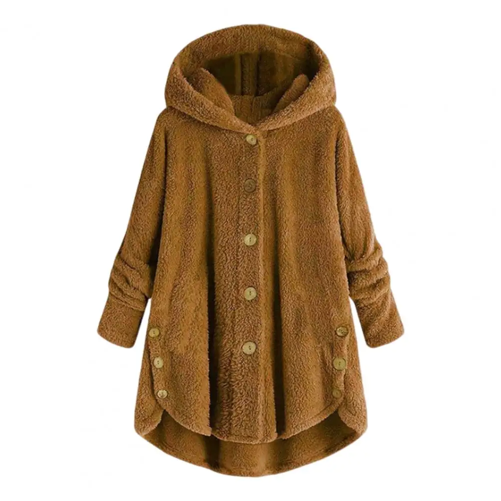 Loose-fitting Women Jacket Women Plush Coat Stylish Women's Plush Hooded Coat with Side Buttons Pockets Casual Mid-length for A