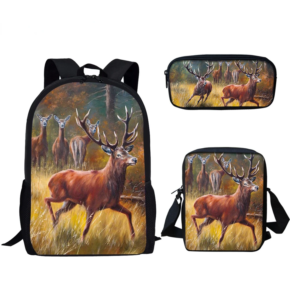 Cool Animal Deer Pattern Print School Bag per ragazzi e ragazze zaino per studenti di grande capacità borse Casual per Campus 3 pezzi Set borse da scuola