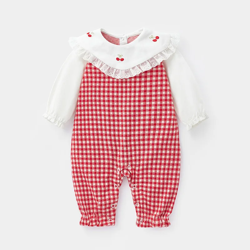 Baby Red Check Bodysuit Toddler Girls 1st Birthday Baptism Party Romper Infant Jumpsuit Newborn Bow Lace Embroidery Rompers