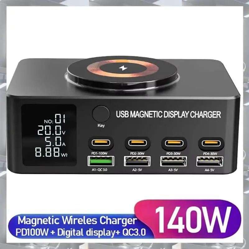 Hot Selling-140W 8 Port USB Charger With 15W Magnetic Wireless Charging PD 100W QC 3.0 Charging Station For Laptop Phone,140W 8