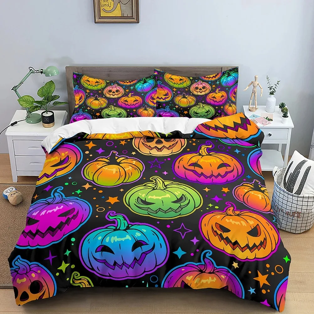 

Neon Color Duvet Cover Set King Rainbow Gradient Pumpkin Bedding Set Microfiber Quilt Cover Halloween Theme Twin Comforter Cover