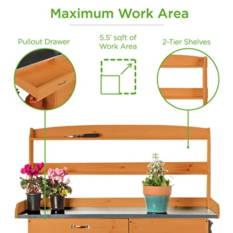 Outdoor Garden Wooden Potting Bench Work Station With Metal Tabletop, Brown Pre-Stained Finish, Cabinet, Sliding Drawer, And La