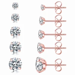 1 Pair Rose Gold Color Hypoallergenic 316L Stainless Steel White Cubic Zirconia CZ Stud Earrings Size 3-8mm