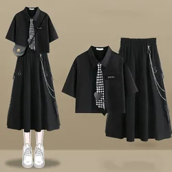 Grunge Clothing Black Polo Dress Set Sweet Women's Goth Preppy Shirt Long Skirt Summer Suit Girl Sets Punk Accessories Teen Emo