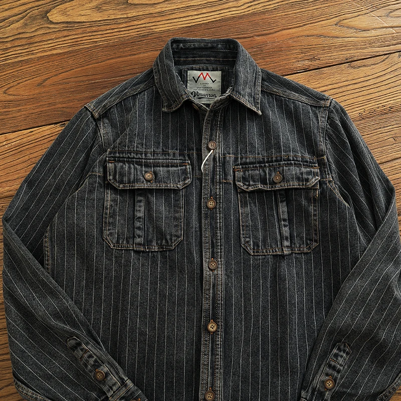 Vintage black gray to do old shirt men spring and autumn loose casual wash denim coat vintage striped cargo shirt