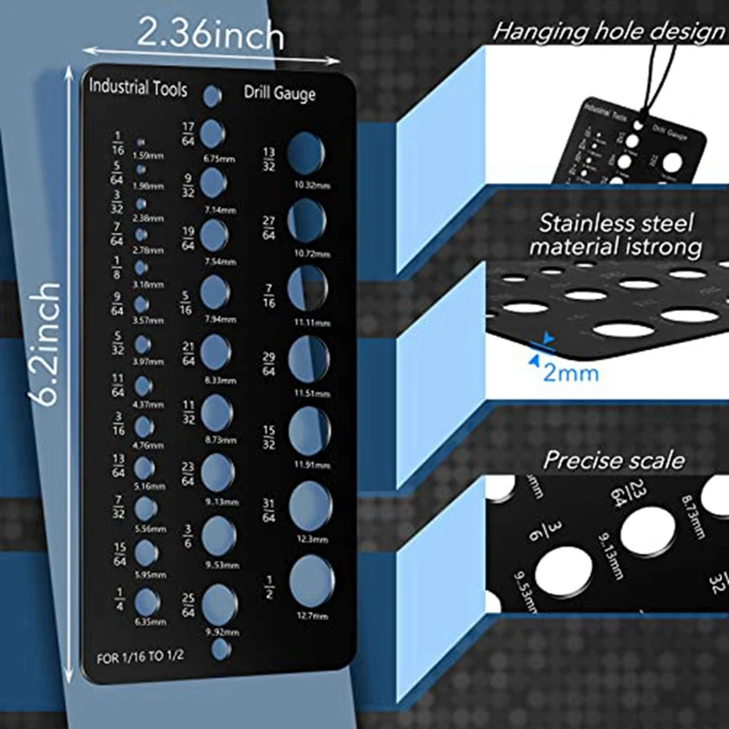 2 قطعة مقياس مثقاب ، 1/16 إلى 1/2- بوصة مقياس حجم مثقاب الحفر ، مقياس مؤشر الحفر المتري مقياس المسمار العشري مقياس معدني