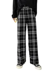 Plaid Pants Women Casual Loose Wide Leg Trousers no Pocket Ins Retro Teens Straight Trousers Hip-hop Unisex Streetwear