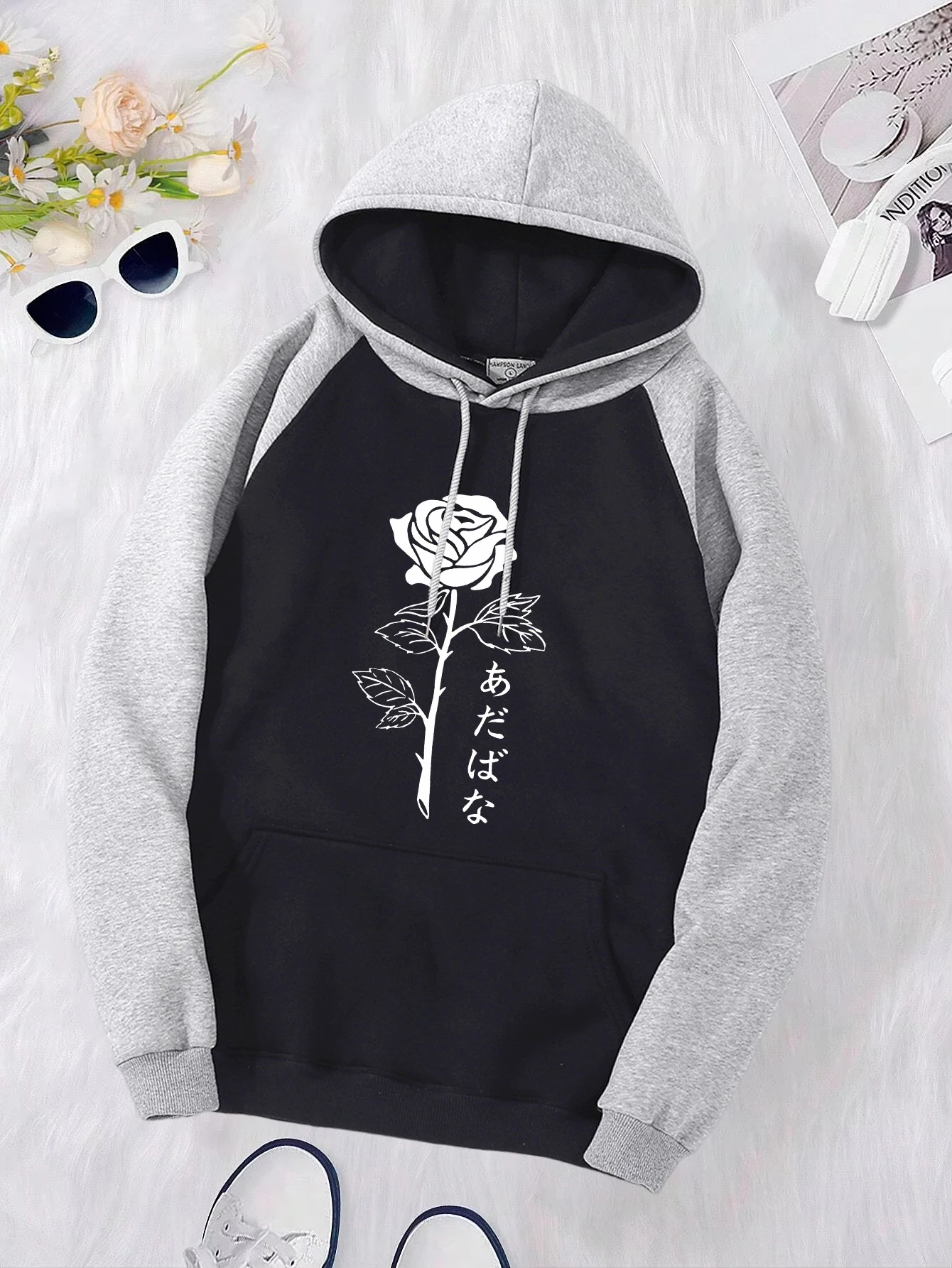 Rose With Thorns Print Raglan Hoody Womens Loose Pocket Hoodie Fashion Fleece Pullovers Hip Hop All-Match Clothes Unisex