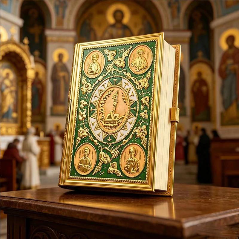 Gold Plated Enamel Gospel Cover with Apostle Icons, Perfect Religious Gift for Orthodox Christian Church Altar Home Use Gift