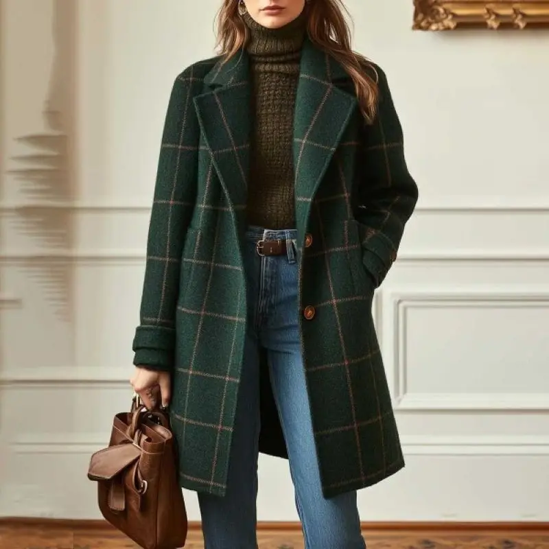 

Autumn Winter New Women Wool Plaid Jacket Vintage Mid Length Lapel Coat Classic Double Breasted Trench Female Warm Coats