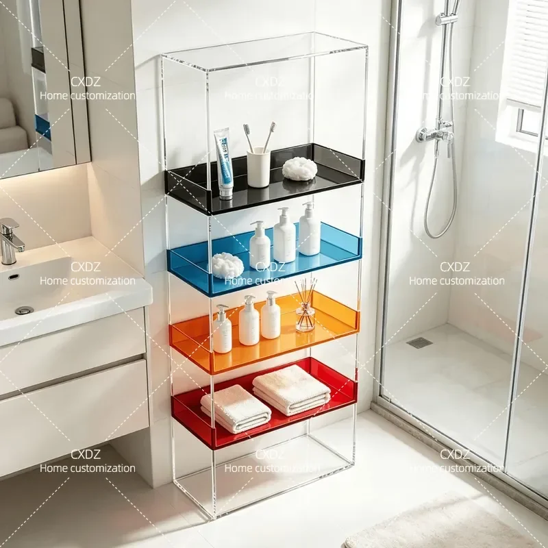 Floor to Ceiling Bathroom Storage Rack Multi Layer Transparent Organizer Durable Shelf for Skin Care Products Display Cabinet