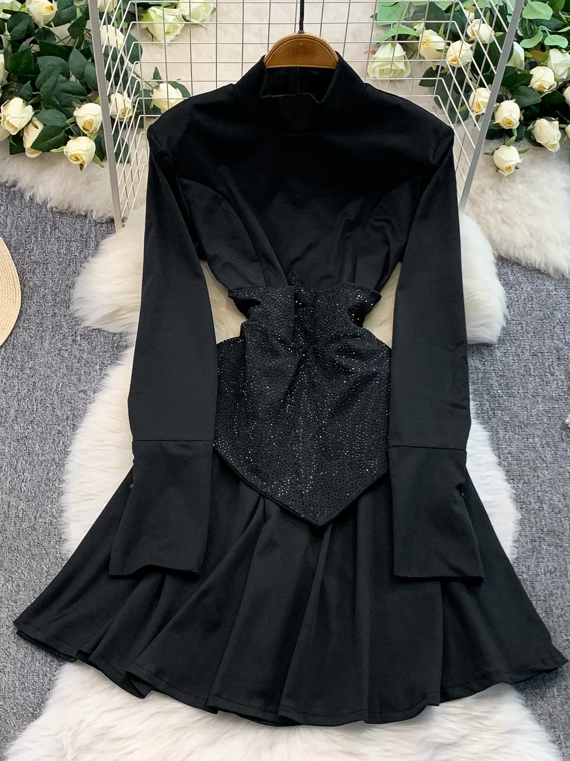 

Ele Long Sve Diamond Embellied Slim Fit ort Dr Women's High Waist A-Line Skirt Commute Sle Winter Design